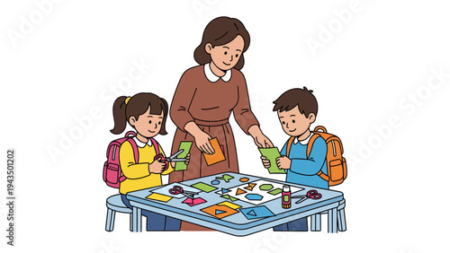 Creative Learning Adventure: A nurturing teacher guides two young students through a colorful craft activity, fostering creativity, imagination, and learning in a vibrant setting.