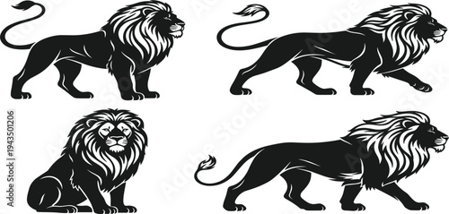Majestic Lion Silhouette Vector Set Featuring Proud Standing, Walking, and Sitting Poses with Detailed Manes for Heraldic Logos, Mascots, and Premium Branding