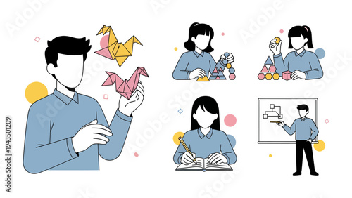 Paper Crafts in Action: A collection of illustrations showcases individuals engaged in various paper-crafting and learning activities.