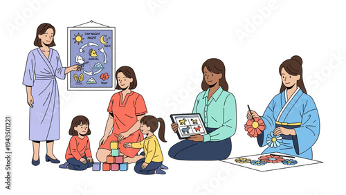 Nurturing Minds and Creativity: A diverse group of educators engage with young children in a vibrant learning environment. Explore learning, creating.