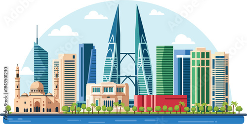 Manama Bahrain Skyline with Modern Skyscrapers, Bahrain World Trade Center, Grand Mosque and Waterfront Cityscape Vector Illustration