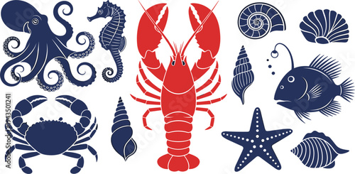 Marine Life Silhouette Collection with Lobster Crab Octopus Seahorse Fish and Seashells for Ocean Theme Designs Nautical Vector Illustration Set