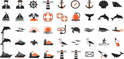 Marine and Nautical Icon Set with Ships, Anchors, Lighthouse, Dolphins, Sailboats and Ocean Elements for Travel, Shipping, Sea Adventure, and Maritime Design