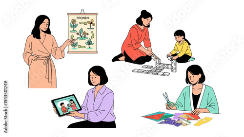 Motherhood's Moments: A diverse collection of scenes showcasing a mother engaging in various activities with her child, highlighting the warmth and affection of motherhood.