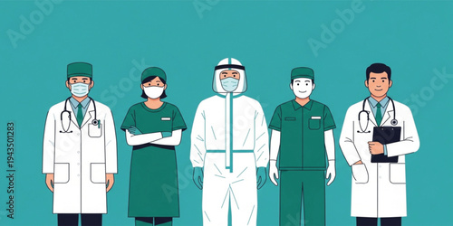 Medical Team Wearing Protective Equipment Including Doctors Nurses and Healthcare Workers with PPE Suit Mask and Face Shield Healthcare Protection Concept