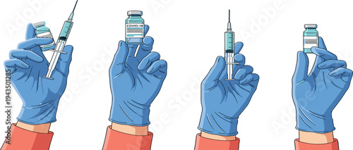 Medical Hand Holding Syringe and Vaccine Vial Set with Blue Gloves Representing Vaccination, Immunization, Healthcare Protection, and Covid-19 Vaccine Injection Vector Illustration