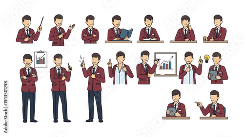 Multifaceted professional: A collection of illustrations depicting a professional in various poses and actions, signifying versatility and adaptability in a business environment.