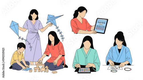 Diverse Moments of Learning and Play: Capturing moments of a family, engaged in different educational activities: from digital learning to hands-on play.