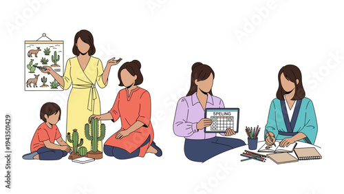 Moments of Nurturing and Learning: Illustration captures a woman in different role like a teacher, a nurturer, and a professional. They embody dedication to knowledge, guidance and care.