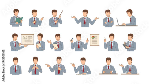 Business Professional in Varied Poses: A professional man in a grey suit is showcased in a range of gestures, perfect for illustrating a business-related theme. The series highlights various actions.