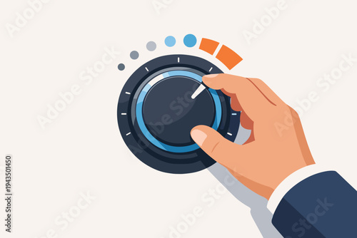 Hand Turning a Control Knob to the Maximum Level for Skill Assessment and Performance Optimization, Flat Vector Illustration Representing High Achievement, Success, and Progress in Business.