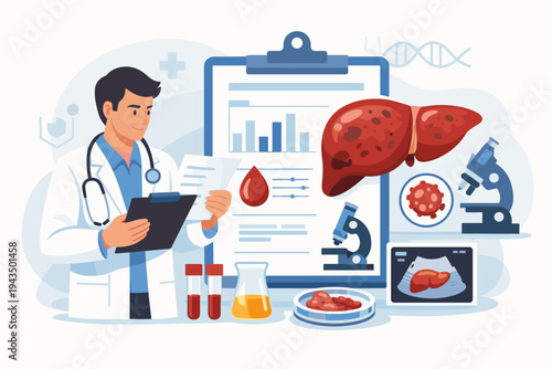 Male Doctor Reviewing Medical Test Results for Liver Disease and Pathology. Concept of Hepatology Diagnosis with Cirrhosis, Hepatitis, Ultrasound, Blood Analysis, and Laboratory Equipment.