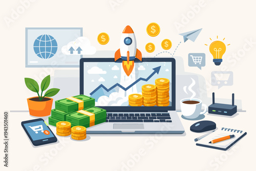 Profitable Business Startup Concept with Rocket Launching from Laptop, Stacks of Cash, Gold Coins, and Financial Growth Chart, Representing Successful Online Investment and Digital Marketing Strategy.