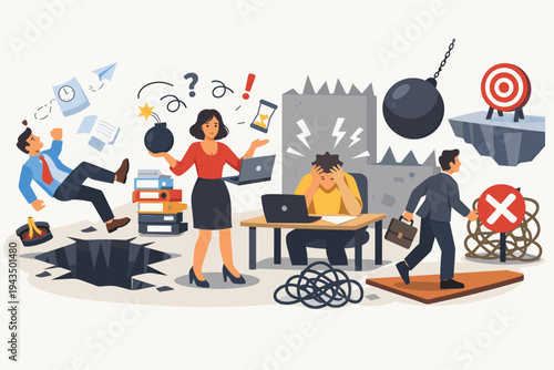 Stressful Business Environment and Workplace Pitfalls Illustration: Employees Dealing with Burnout, Deadlines, Multitasking, and Organizational Obstacles in a Productive Workflow Concept.