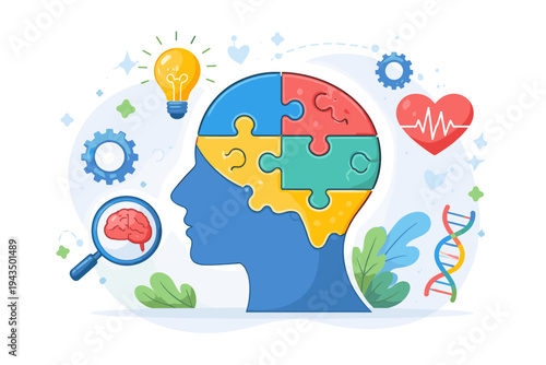 Human Head Profile with Brain Puzzle Pieces Vector Illustration for Psychology, Neurology, and Mental Health Concepts, Featuring Lightbulb, Gears, DNA, Heart, and Magnifying Glass Icons.
