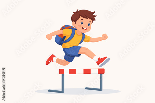 Happy school boy with a backpack jumping over a hurdle race obstacle in a flat vector illustration. Energetic student athlete overcoming challenges, success concept, back to school, sports, education.