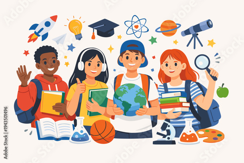 Vibrant vector illustration of diverse teenagers with school supplies and educational icons like globe, books, and microscope. Back to school concept for international education and learning.