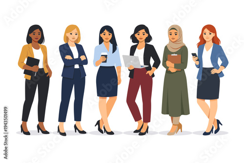 Professional diverse businesswomen team standing in office attire. Multiethnic group of female leaders, entrepreneurs, and colleagues in suits and formal wear, vector illustration on white.
