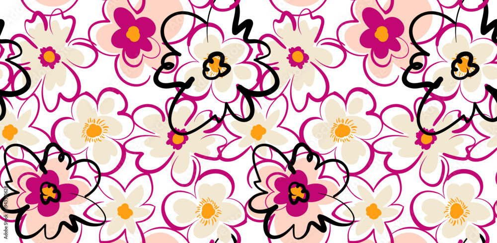 Obraz premium Hand draw doodle flowers pattern. Seamless abstract pattern design in vector