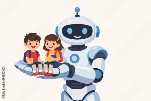 Friendly White Robot Holding Two Happy School Children, a Boy and a Girl with Backpacks and Books, Vector Illustration Representing Artificial Intelligence in Education and Future Learning Technology.