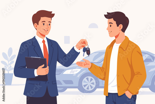 Professional car salesman in a blue suit handing over automobile keys to a happy young male customer at a dealership showroom with a blue sedan in the background, vehicle purchase concept