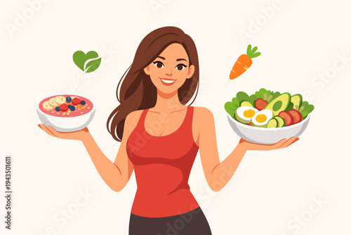 Healthy Lifestyle Vector Illustration of a Slim Beautiful Woman Holding Food Bowls Offering a Choice Between a Fresh Salad and a Fruit Smoothie Bowl for a Balanced Diet Nutrition and Wellness.