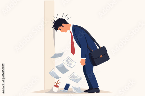 Stressed Businessman Banging Head Against Wall in Frustration, Flat Vector Illustration of Exhausted Office Worker Dropping Papers, Coffee, and Phone Due to Burnout, Work Pressure, and Job Failure
