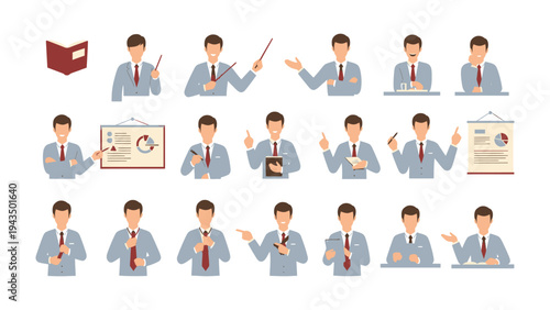 Professional Presentation Set: A comprehensive collection of illustrations, capturing a business person in various poses. perfect for corporate communications and educational materials.