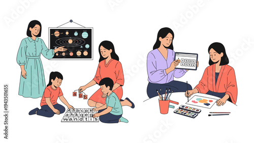 Educator-Guided Learning: In this depiction, educators engage children in a dynamic exploration of knowledge and creativity, fostering an environment of collaborative growth and insight.