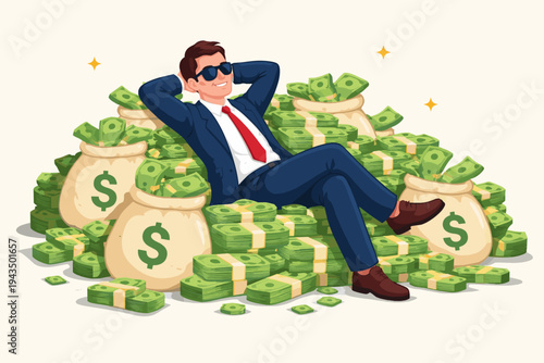Successful businessman in a blue suit and sunglasses relaxing on a massive pile of cash bundles and money sacks with dollar signs, representing financial freedom, wealth, and prosperity vector.