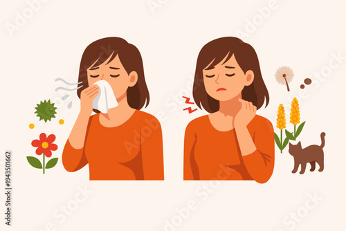 Flat Vector Illustration of a Woman Suffering from Allergy Symptoms Including Sneezing into a Tissue and Itchy Skin Rash on Her Neck Caused by Common Allergens Like Pollen, Flowers, Dust, and Cats