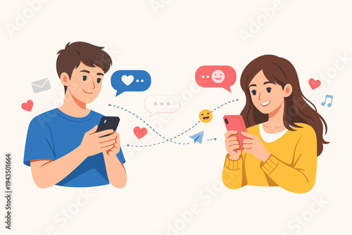 Young man and woman using mobile apps to chat and message each other on smartphones. Flat vector illustration of digital communication, social media networking, online dating, and connectivity.