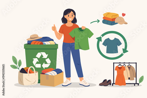Sustainable Fashion Concept with a Woman Recycling Old Clothes in a Green Bin and Donation Box, Promoting Circular Economy, Eco-Friendly Lifestyle, and Textile Reuse, Flat Vector Illustration