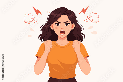 Angry woman feeling frustrated and stressed, screaming with steam coming out of her ears and lightning bolts, clenched fists, expressive facial emotion, simple flat vector illustration on light.