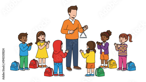 Melody and rhythm: A music teacher leads a group of young students in a captivating music class, each child eagerly participating in the world of sound.