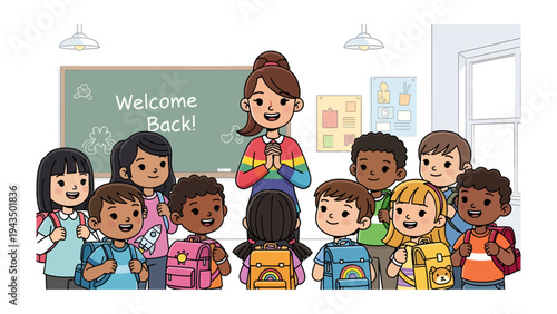 Welcome Back to School: A teacher warmly welcomes a diverse group of young students as they begin a new school year, standing in front of the classroom, filled with anticipation and excitement.