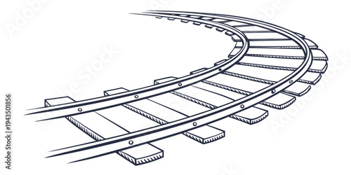 A black and white illustration of a curved railroad track