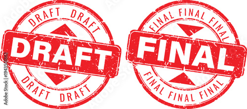 Set of red circular grunge rubber stamps with draft and final text for document version control