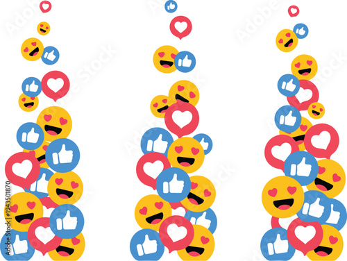 Vibrant floating social media live stream reaction icons including hearts thumbs up and love emojis for digital broadcasting.