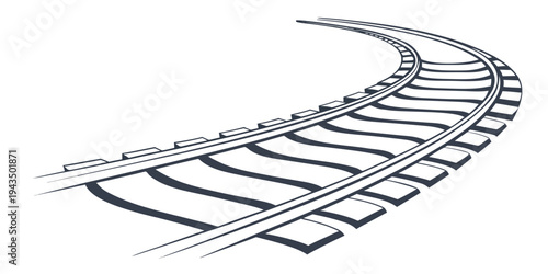 A black and white illustration of a curved railway track