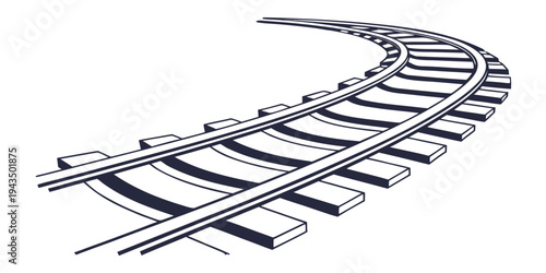 Railway tracks curving to the right on with railroad ties and metal rails