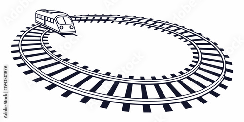 Black and white illustration of a train on curved railroad tracks
