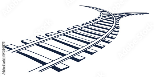 Railway track curving to the right on with railroad ties and metal rails