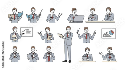 Business Poses Illustration Set: A compilation of professional illustrations, showcasing a business person in various work-related actions. Ideal for representing diverse work scenarios.