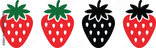 red and black strawberry fruit icons with green leaves for food branding healthy eating and summer designs.