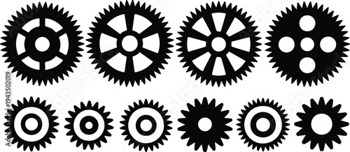 black industrial gear and sprocket wheel silhouettes for mechanical engineering machinery and technical manufacturing design concepts.