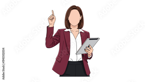 Professional with Insight: A poised professional, hand raised with finger pointing upward, suggests a brilliant insight, holding a tablet representing productivity and business.
