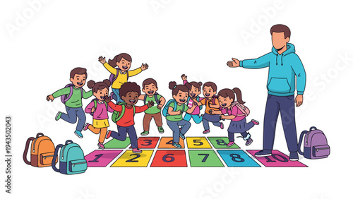 Hopscotch Fun: A group of excited kids, guided by a teacher, engage in a playful hopscotch game, filling a vibrant square with their joyful energy.