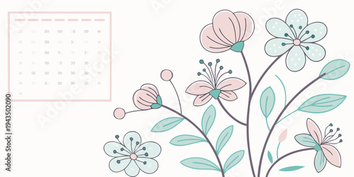A delicate floral design with pink flowers and green leaves on a for calendar or greeting card use