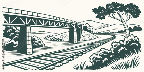 Vintage illustration of a railway bridge over train tracks with trees and bushes